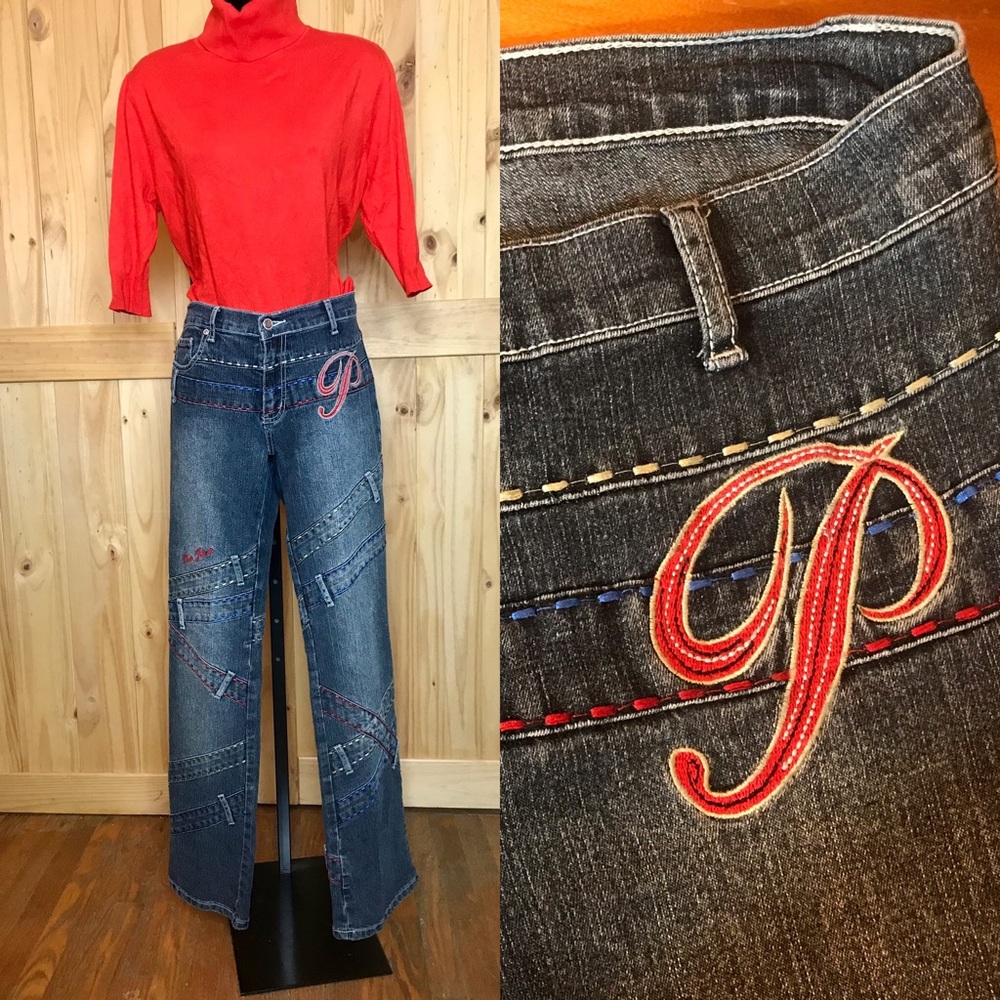 Poco jeans mid rise w red blue patchwork